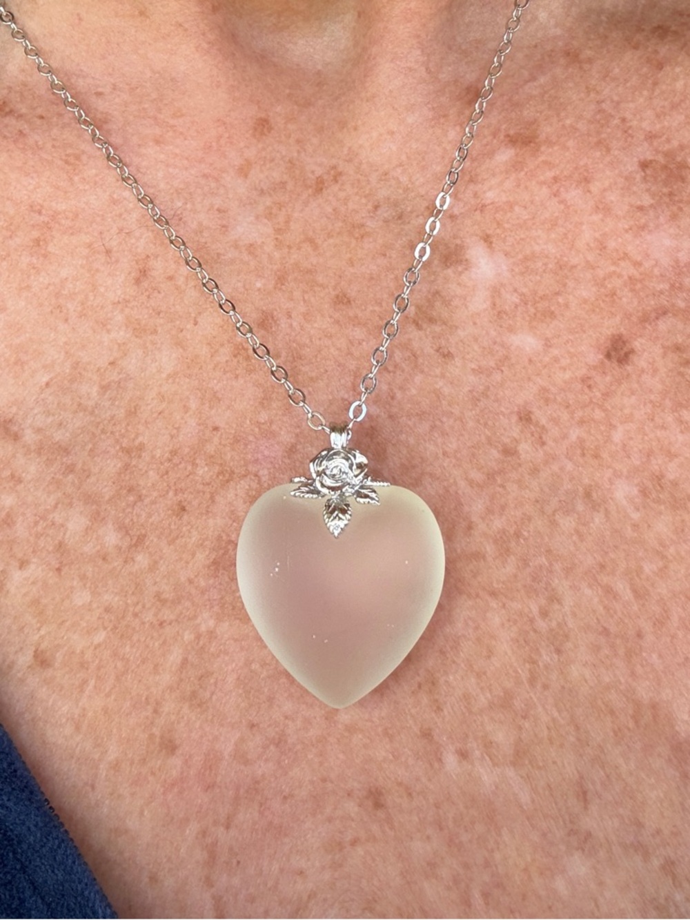 Gorgeous Frosted Glass Heart Pendant Necklace with Silver Rose with Leaf Bail.